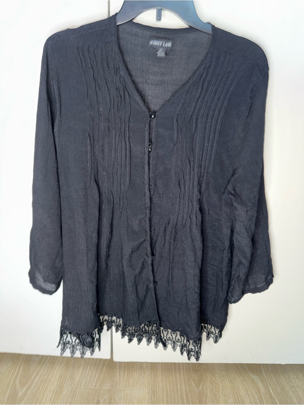 Audrey Lane Black Pintuck Button-Front Blouse with Lace Hem